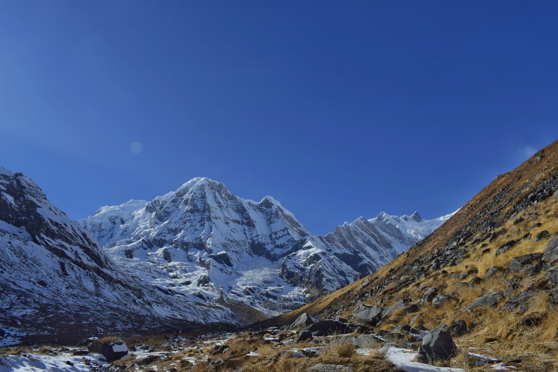 Annapurna South rising over the valley on the way to base camp